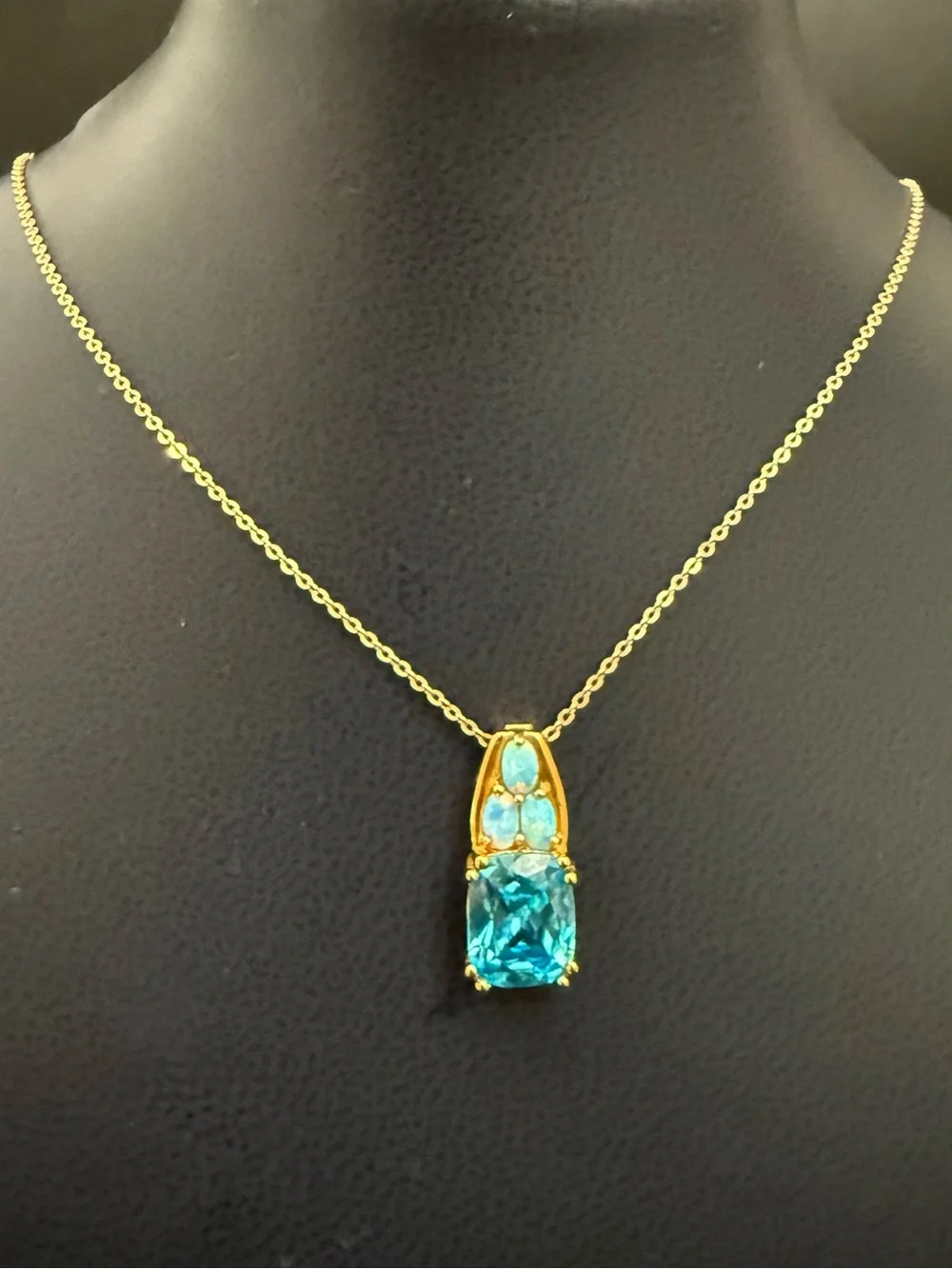 925 Sterling Gold Vermeil Cushion Cut Blue Topaz Gemstone Opal Pendant Necklace